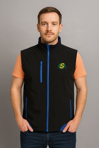 corporate black and blue softshell vest with logo – USA workwear supplier