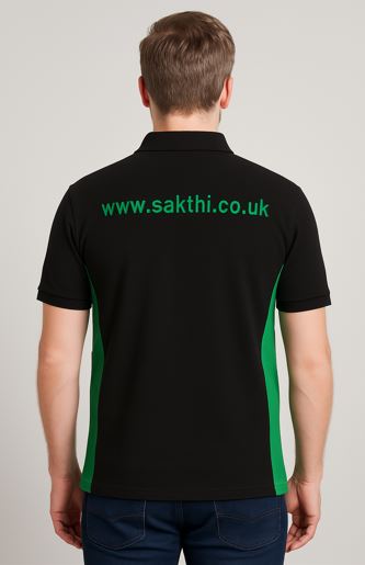 black polo shirt with website printed on back – USA company uniform printing
