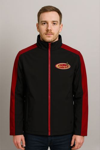 men’s red and black two-tone softshell jacket with restaurant logo – USA staff uniform manufacturer