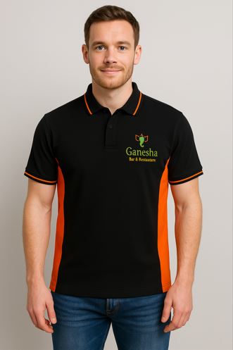 black and green retail polo shirt with embroidered S logo – custom USA store uniform
