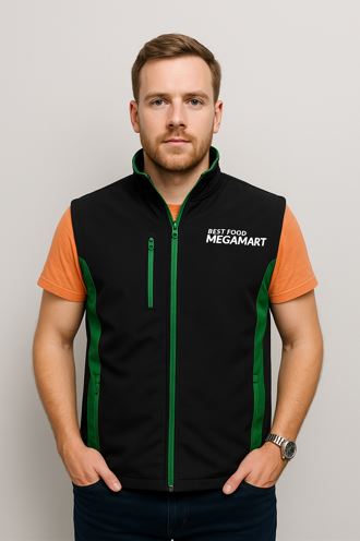 black and green staff vest with chest logo – USA supermarket uniform manufacturer